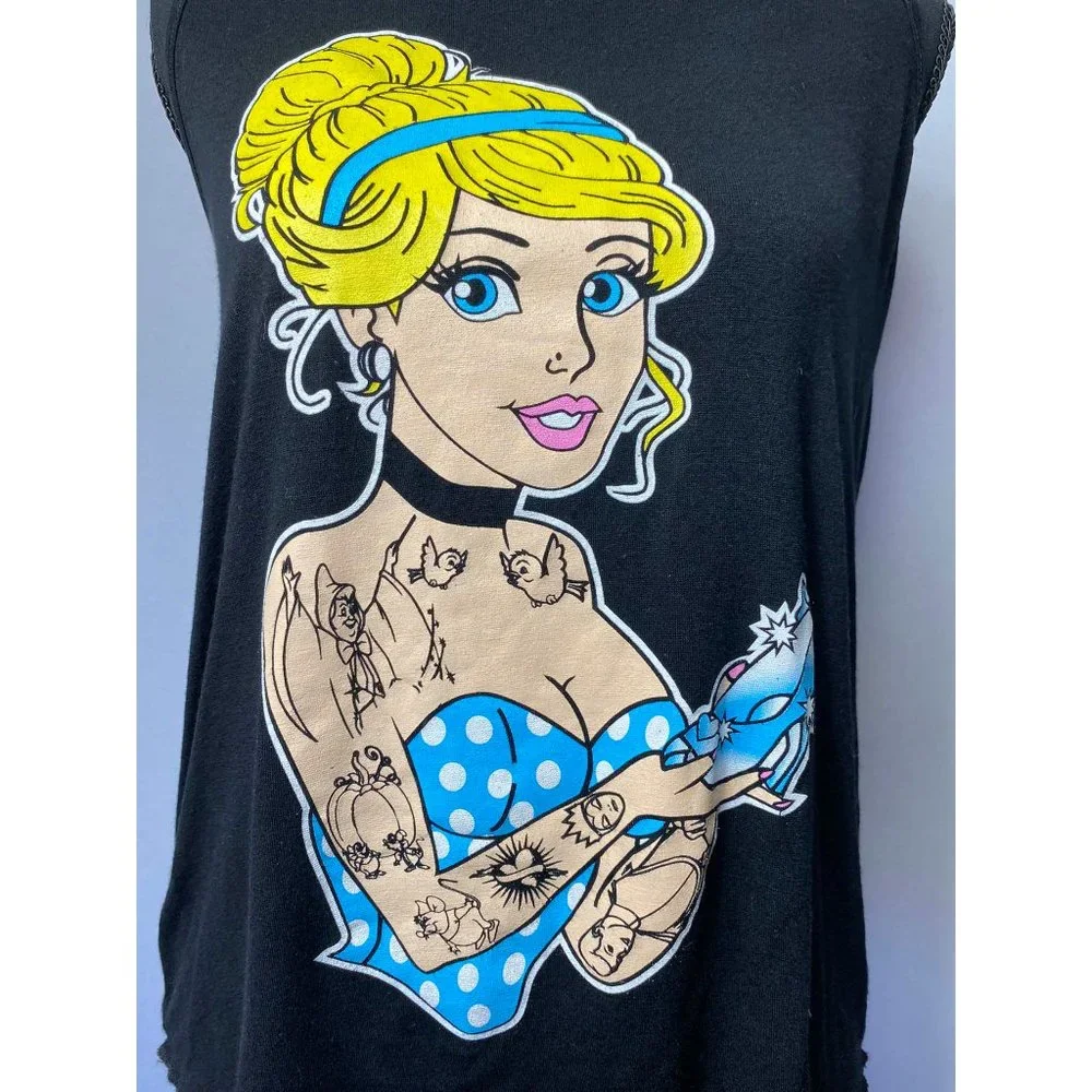 Cinderella Tattooed Black Tank Top Knotted Racerback Style Size Small - Picture 2 of 4